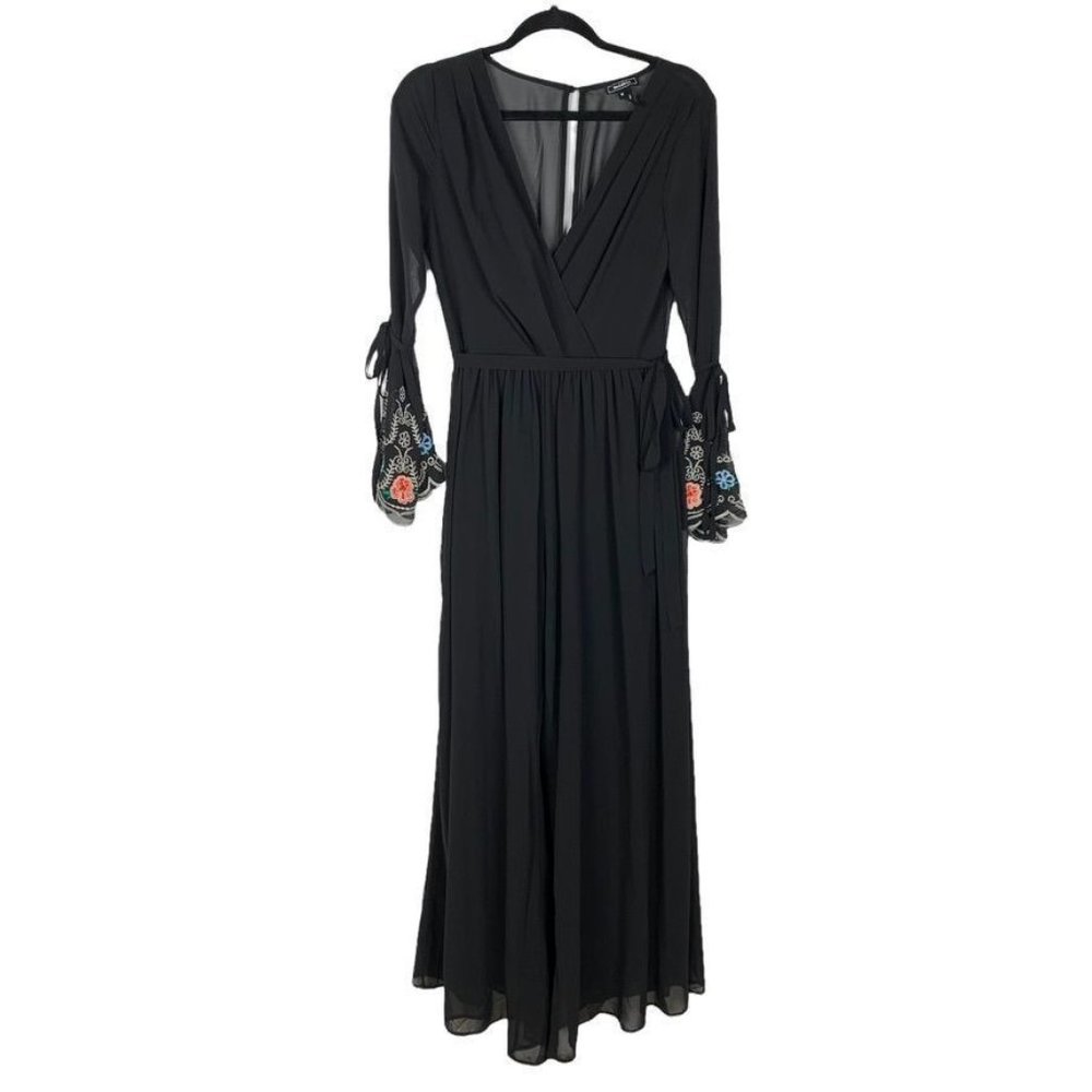 Soieblu Black Jumpsuit Faux Wrap Embroidery Bell Sleeve Split Back Cottagecore M